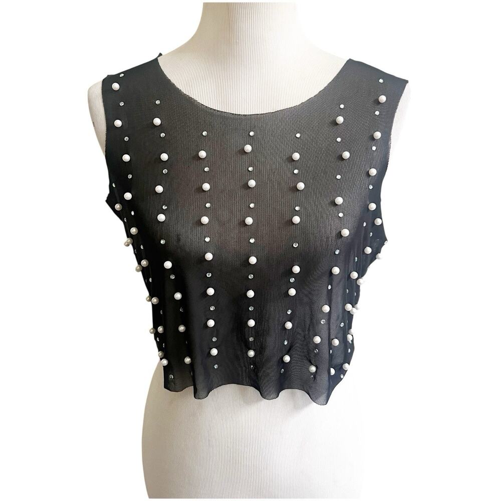 Oppa Pearl Rhinestone Sheer Mesh Crop Top Sexy See Through Short Sleeve NWT S